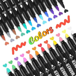 Amitasha Dual Tip Acrylic Brush Marker Paint Metallic Color Pens for Rock Painting, Wood, Canvas, Stone, Glass, Ceramic Surface DIY Crafts Art Supplies - Pack of 12 Pens