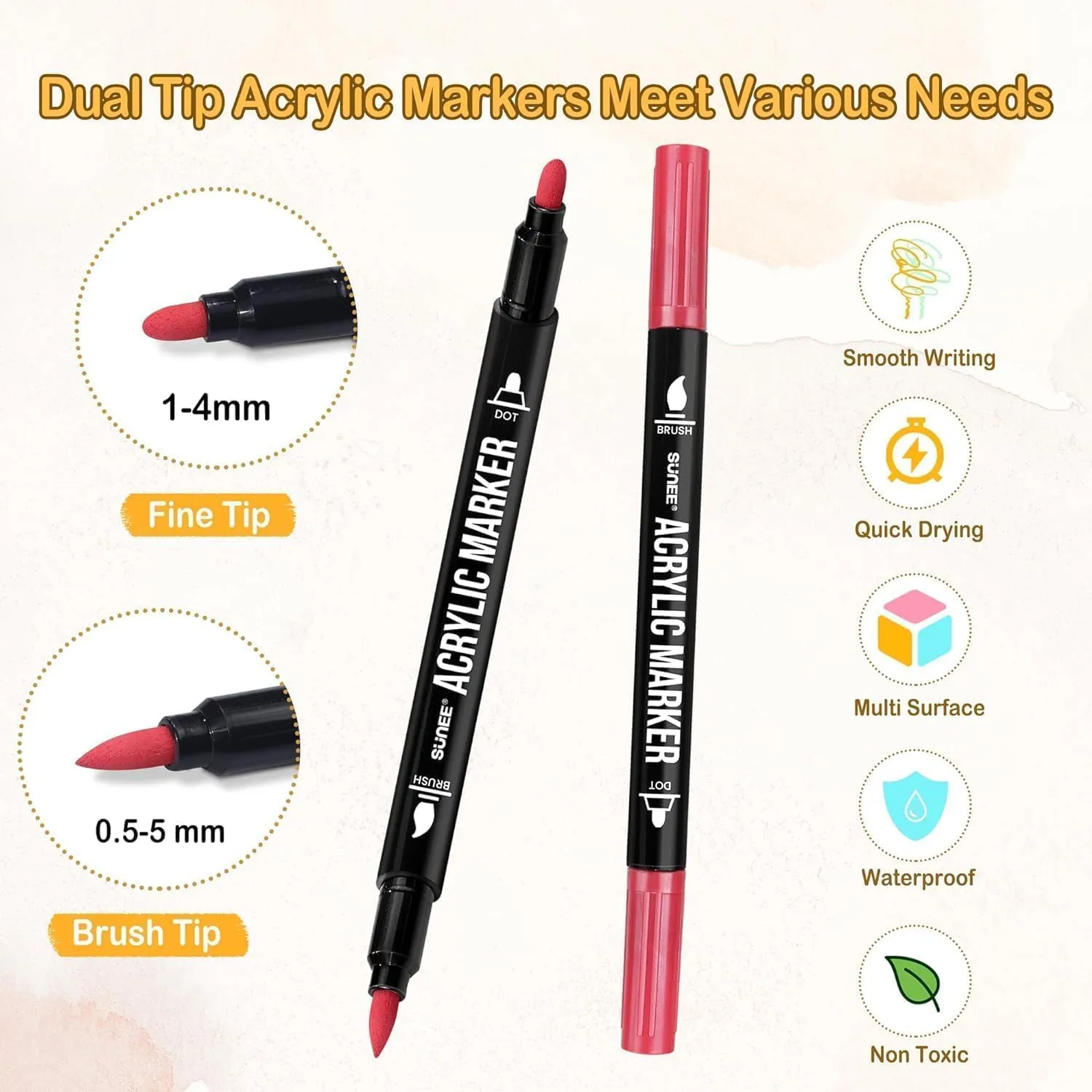 Amitasha Dual Tip Acrylic Brush Marker Paint Metallic Color Pens for Rock Painting, Wood, Canvas, Stone, Glass, Ceramic Surface DIY Crafts Art Supplies - Pack of 12 Pens
