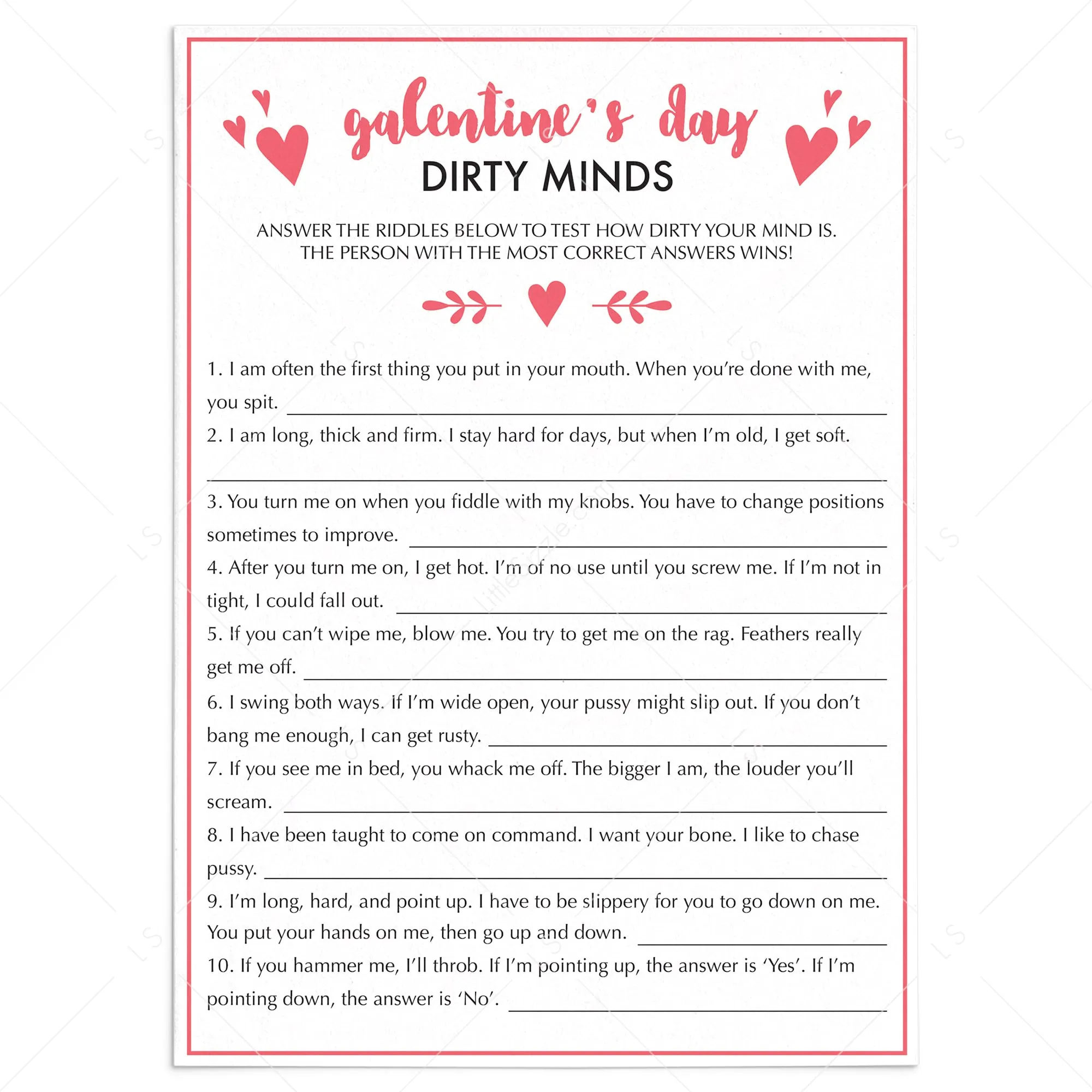 Dirty Minds Game for Adults Valentine's Day Party