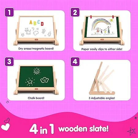 Funskool Giggles Draw N Write Desktop Slate, 4 in 1 Double Sided Board - Chalk Board & Dry Erase/Magnetic Board, Adjustable Angles, Magnetic Letters and Numbers, 3 Years