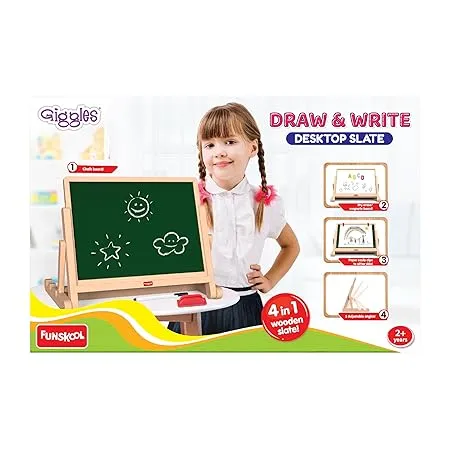 Funskool Giggles Draw N Write Desktop Slate, 4 in 1 Double Sided Board - Chalk Board & Dry Erase/Magnetic Board, Adjustable Angles, Magnetic Letters and Numbers, 3 Years