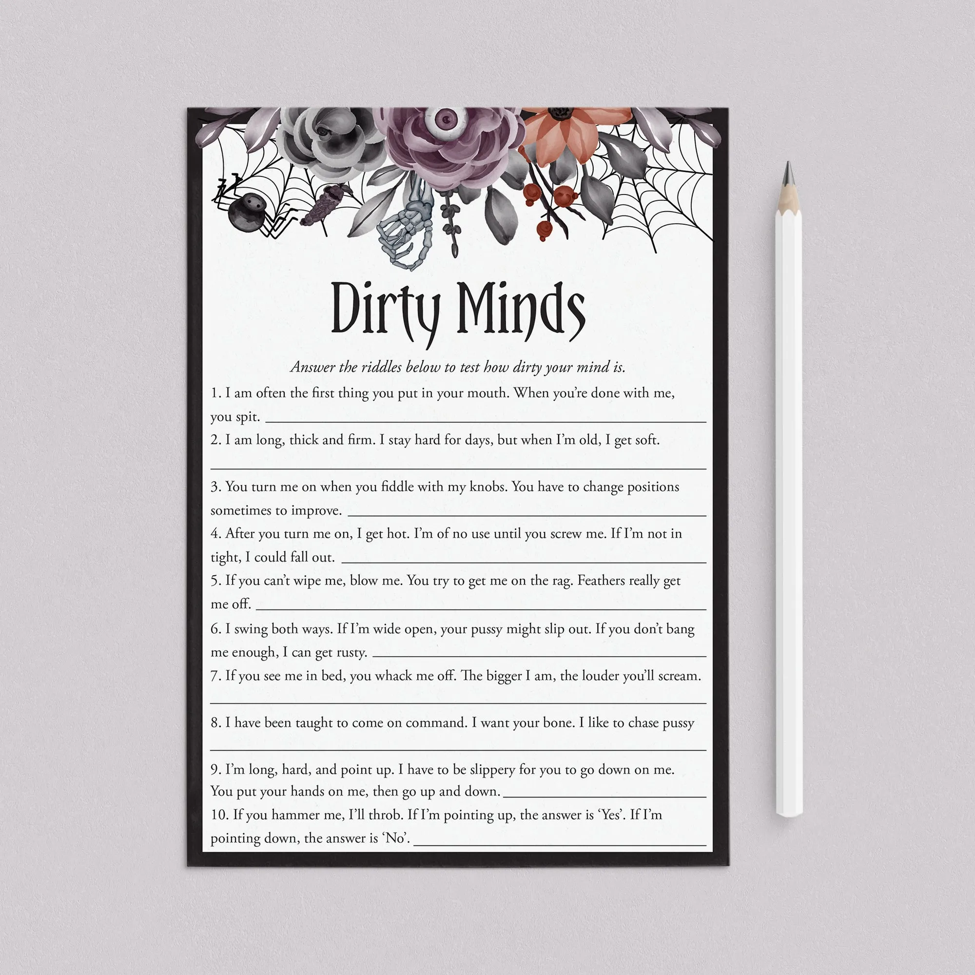 Halloween theme Dirty Minds Game with Answers Printable