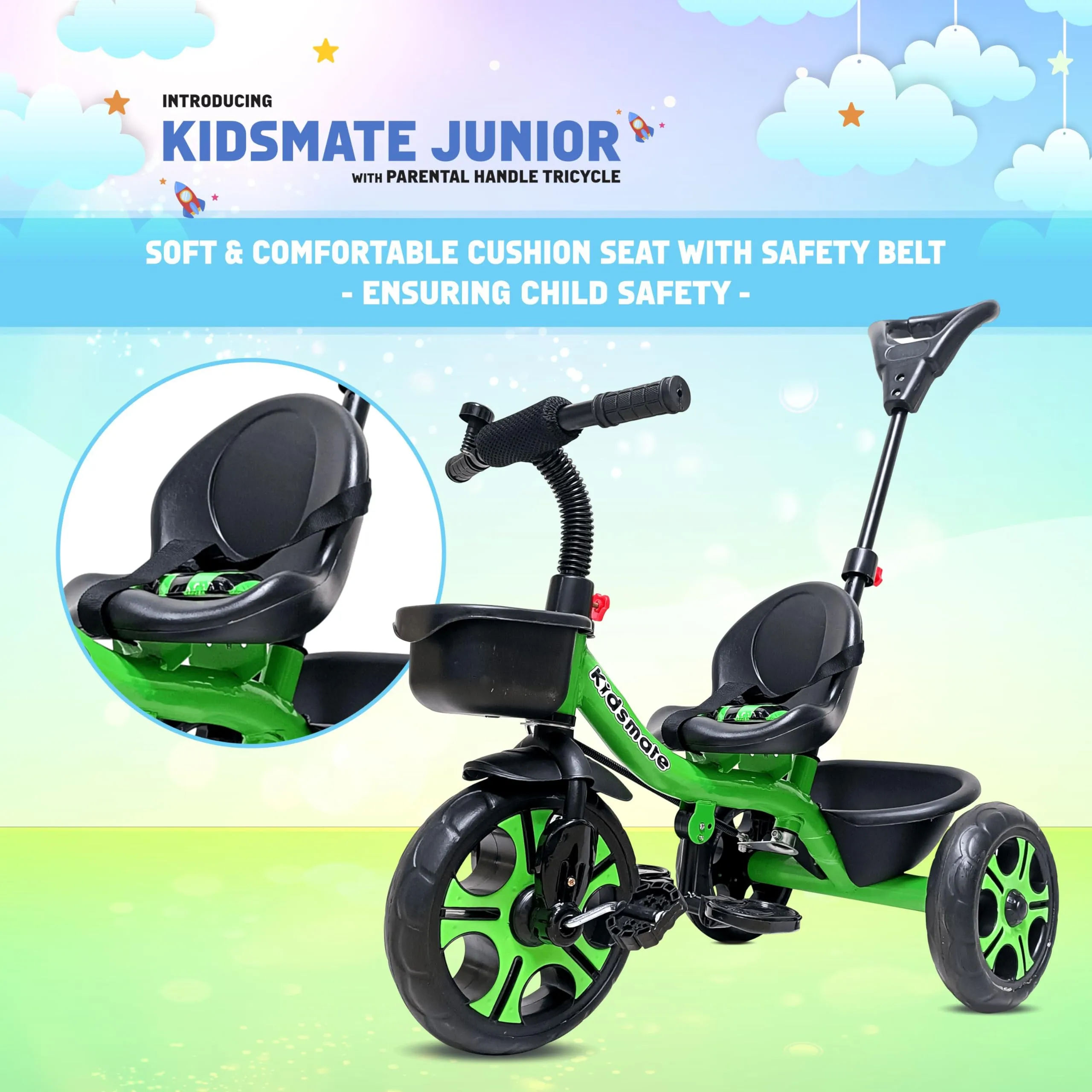 KIDSMATE® Junior Plug N Play Kids/Baby Tricycle with Parental Control, Storage Basket, Cushion Seat and Seat Belt for 12 Months to 48 Months Boys/Girls/Carrying Capacity Upto 30 Kgs (Green)
