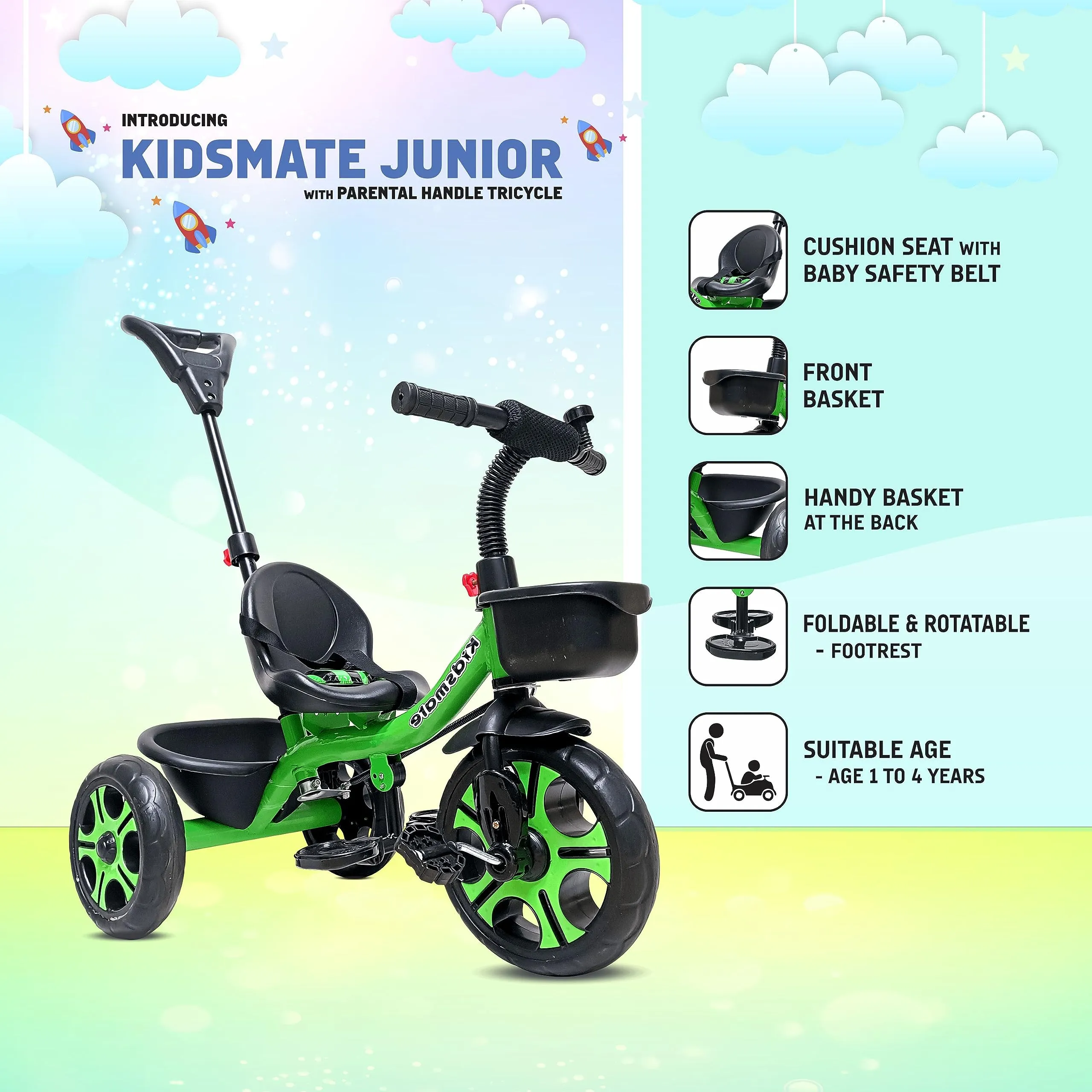 KIDSMATE® Junior Plug N Play Kids/Baby Tricycle with Parental Control, Storage Basket, Cushion Seat and Seat Belt for 12 Months to 48 Months Boys/Girls/Carrying Capacity Upto 30 Kgs (Green)