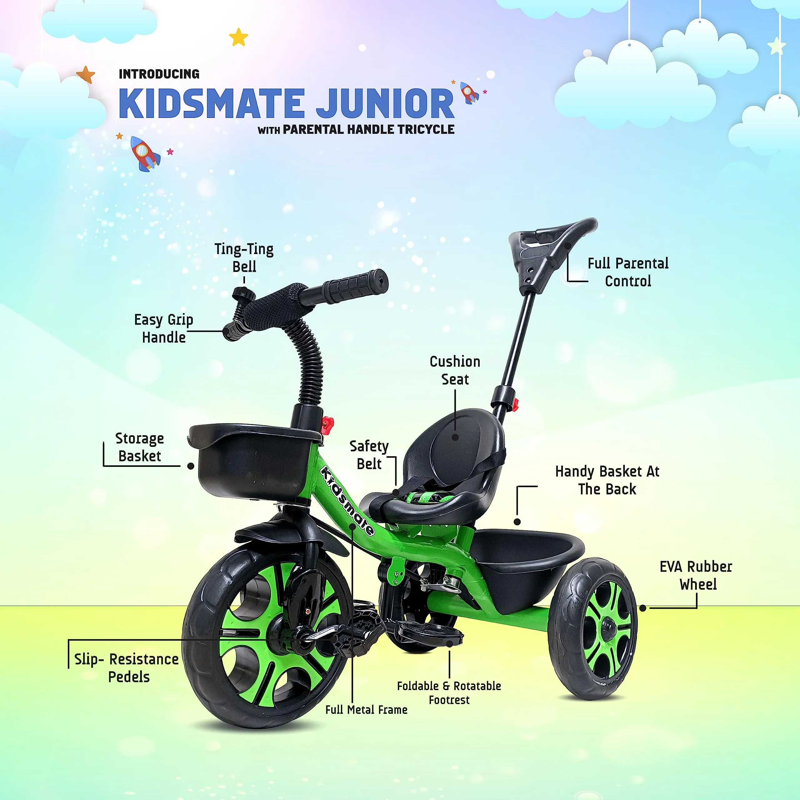 KIDSMATE® Junior Plug N Play Kids/Baby Tricycle with Parental Control, Storage Basket, Cushion Seat and Seat Belt for 12 Months to 48 Months Boys/Girls/Carrying Capacity Upto 30 Kgs (Green)
