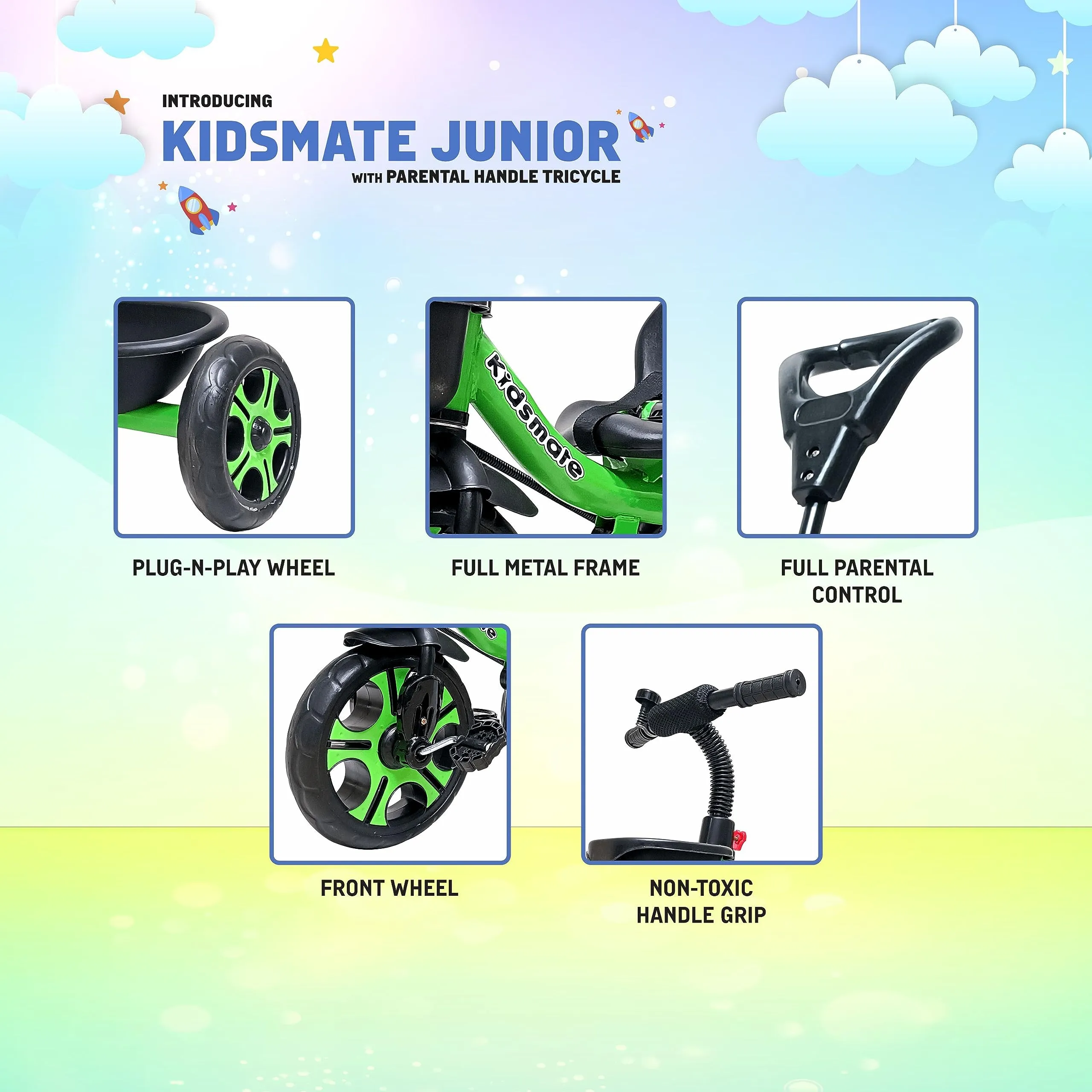 KIDSMATE® Junior Plug N Play Kids/Baby Tricycle with Parental Control, Storage Basket, Cushion Seat and Seat Belt for 12 Months to 48 Months Boys/Girls/Carrying Capacity Upto 30 Kgs (Green)