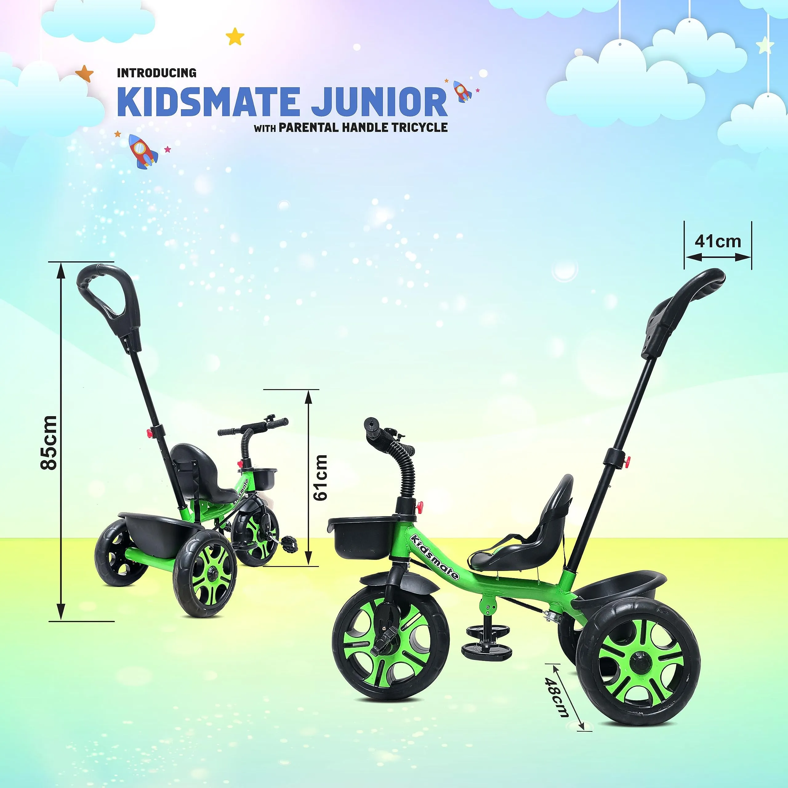 KIDSMATE® Junior Plug N Play Kids/Baby Tricycle with Parental Control, Storage Basket, Cushion Seat and Seat Belt for 12 Months to 48 Months Boys/Girls/Carrying Capacity Upto 30 Kgs (Green)