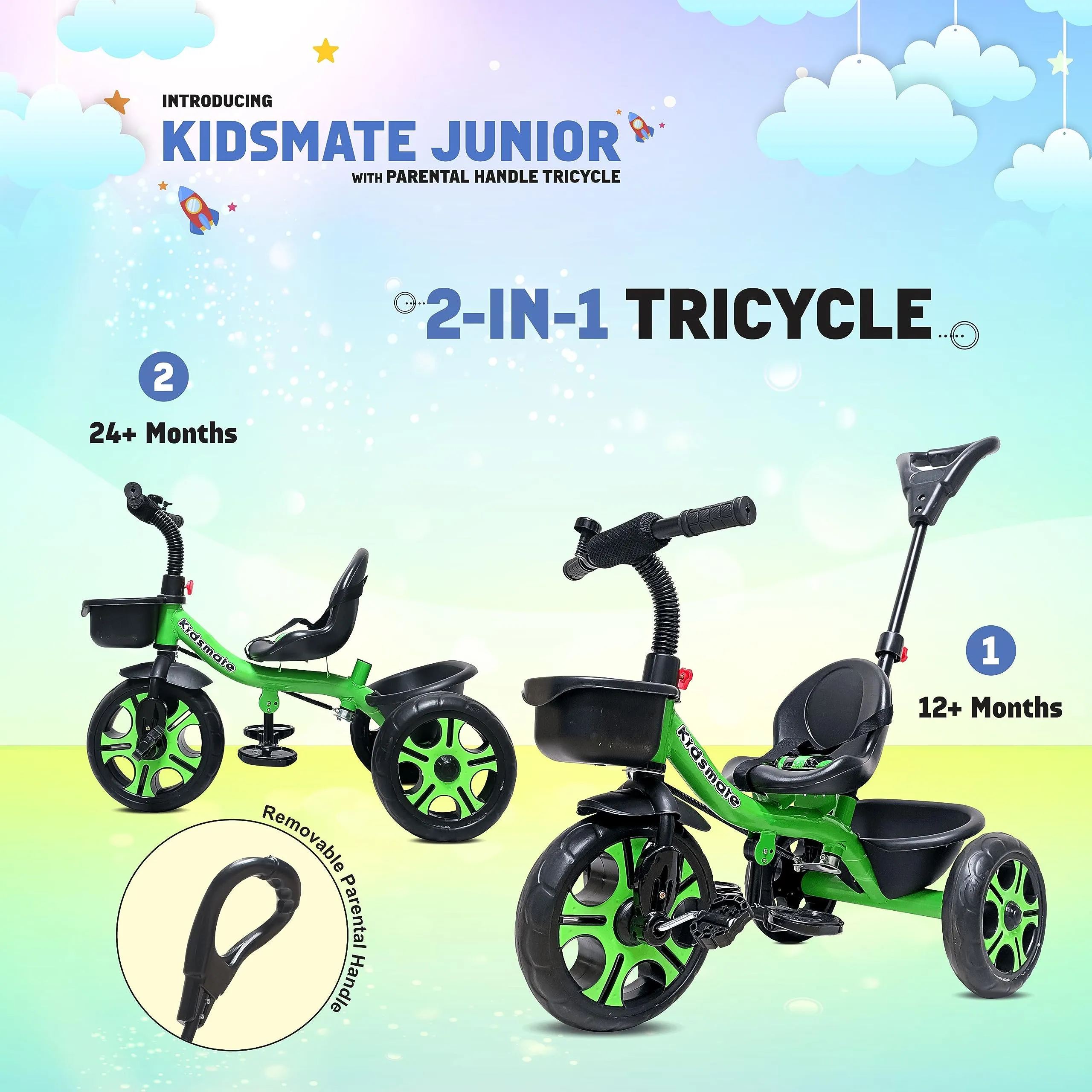 KIDSMATE® Junior Plug N Play Kids/Baby Tricycle with Parental Control, Storage Basket, Cushion Seat and Seat Belt for 12 Months to 48 Months Boys/Girls/Carrying Capacity Upto 30 Kgs (Green)