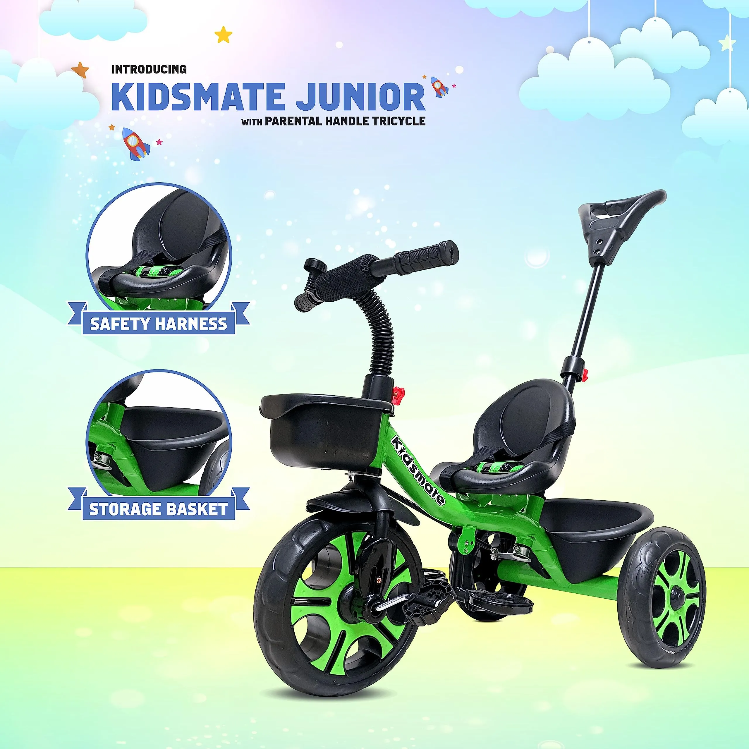 KIDSMATE® Junior Plug N Play Kids/Baby Tricycle with Parental Control, Storage Basket, Cushion Seat and Seat Belt for 12 Months to 48 Months Boys/Girls/Carrying Capacity Upto 30 Kgs (Green)