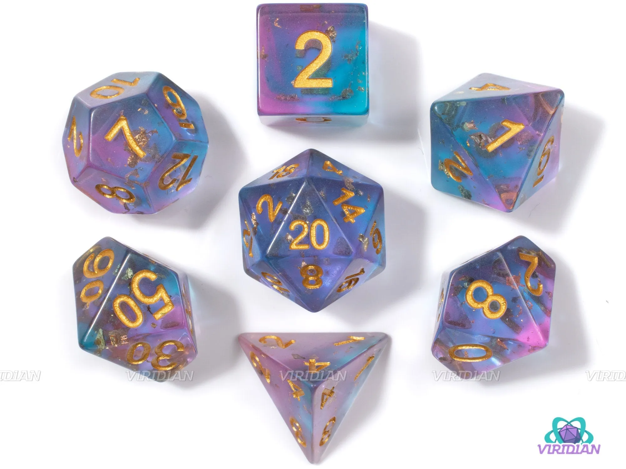 Scattered Stars | Blue & Purple w Gold Foil | Sharp Edge Acrylic Dice Set (7)