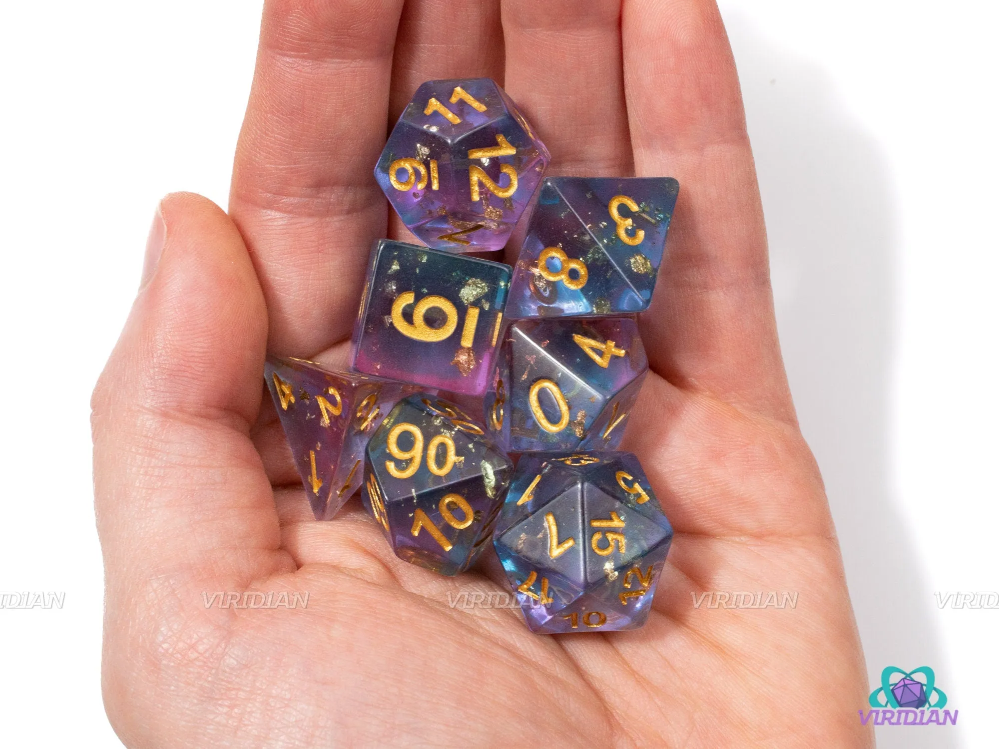Scattered Stars | Blue & Purple w Gold Foil | Sharp Edge Acrylic Dice Set (7)